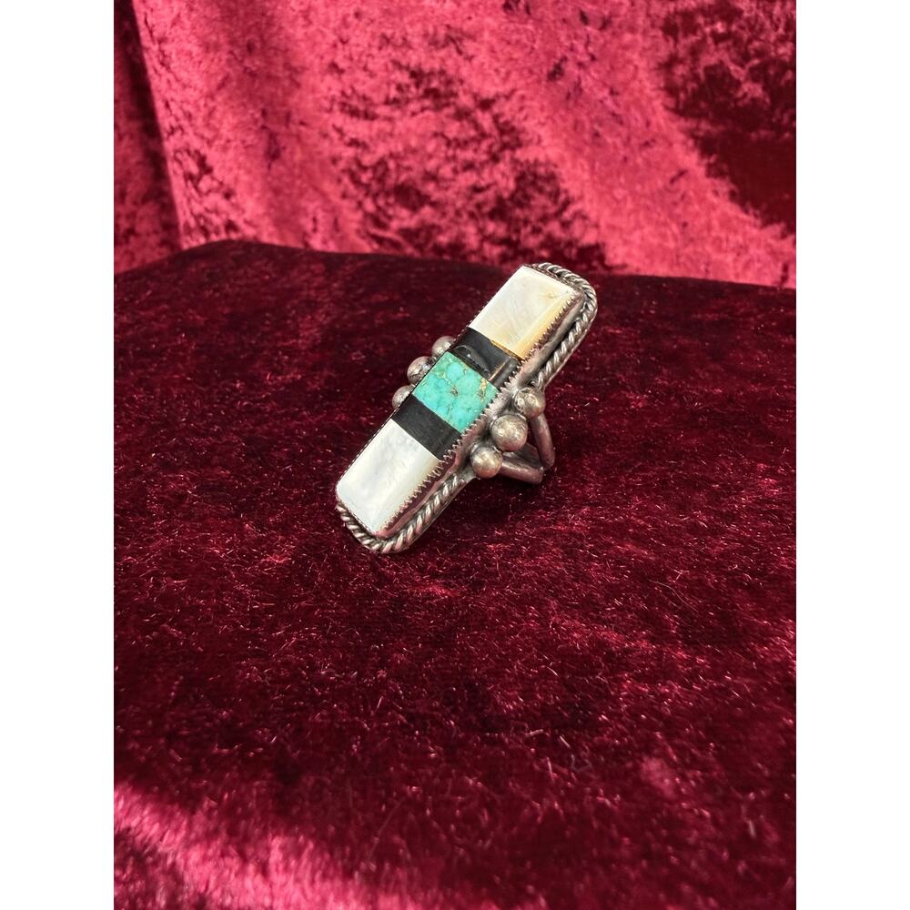 Vintage Sterling Silver Ring Turquoise & Mother of Pearl Inlay Statement Size 6
